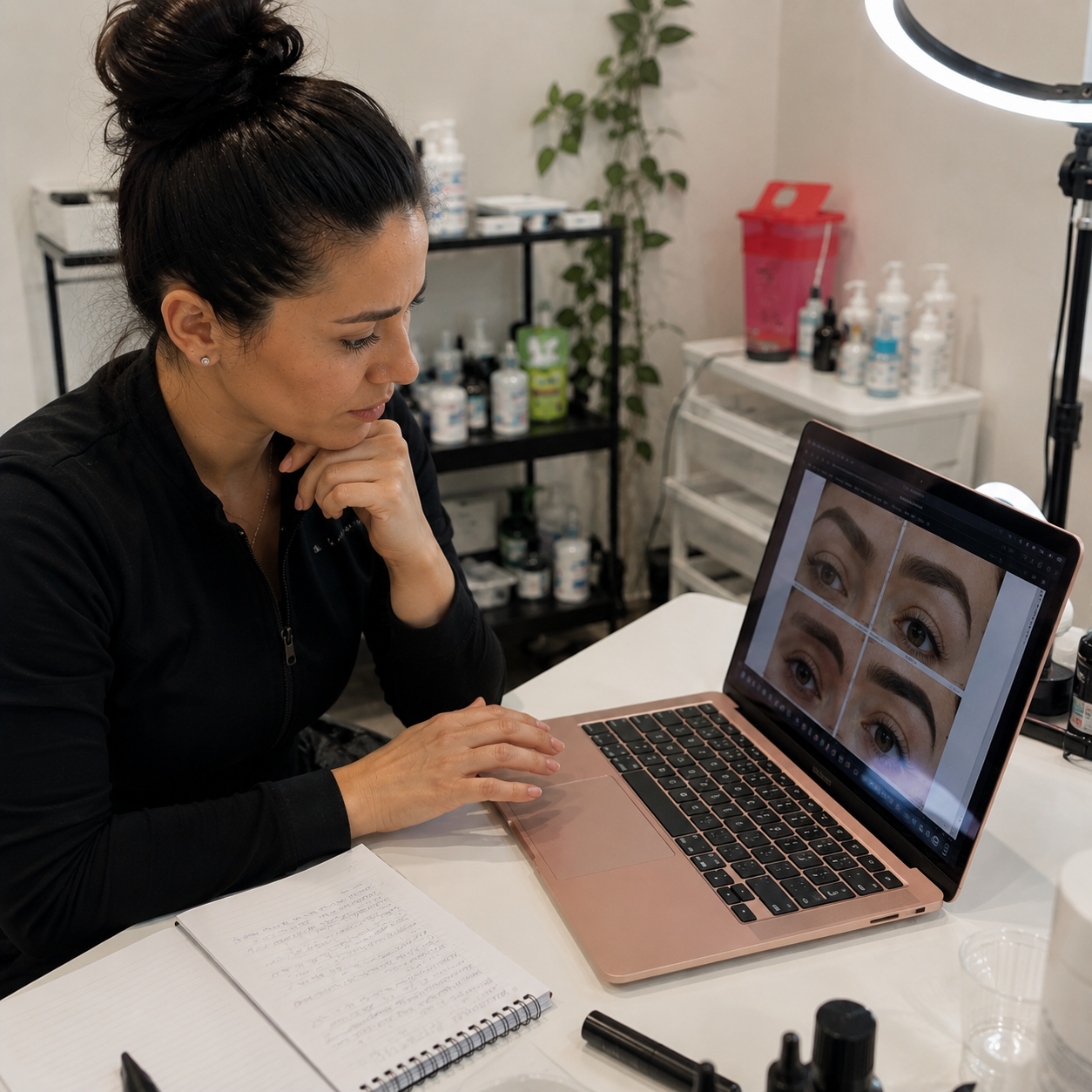 PMU brow artist reviewing brow references on a laptop at her studio workstation