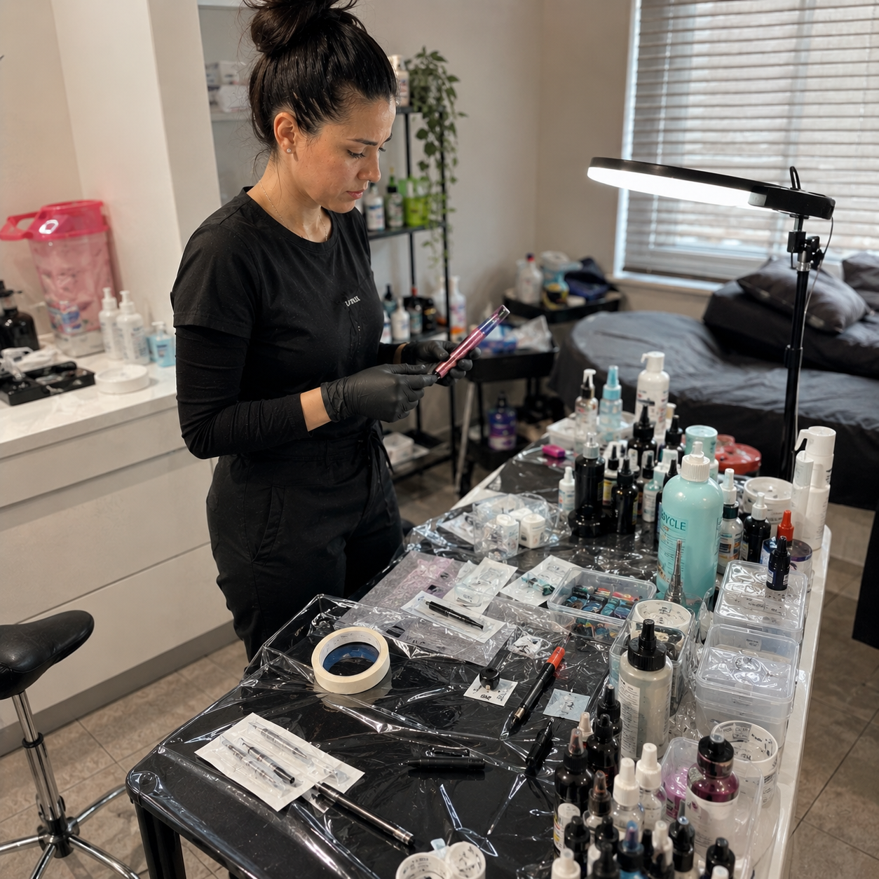 PMU artist's real daily workspace: pigments, machines, needles, notes and diagnostic tools laid out before a treatment