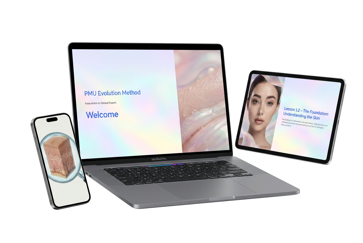 PMU Evolution Method course mockup: laptop dashboard, tablet lesson, smartphone platform, printed clinical assessment sheet, workbook and certificate