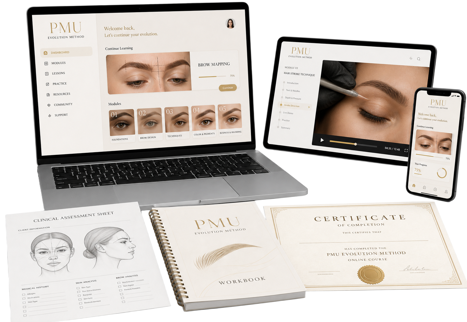 PMU Brow Mastery course materials preview — workbook, assessment forms and decision tools